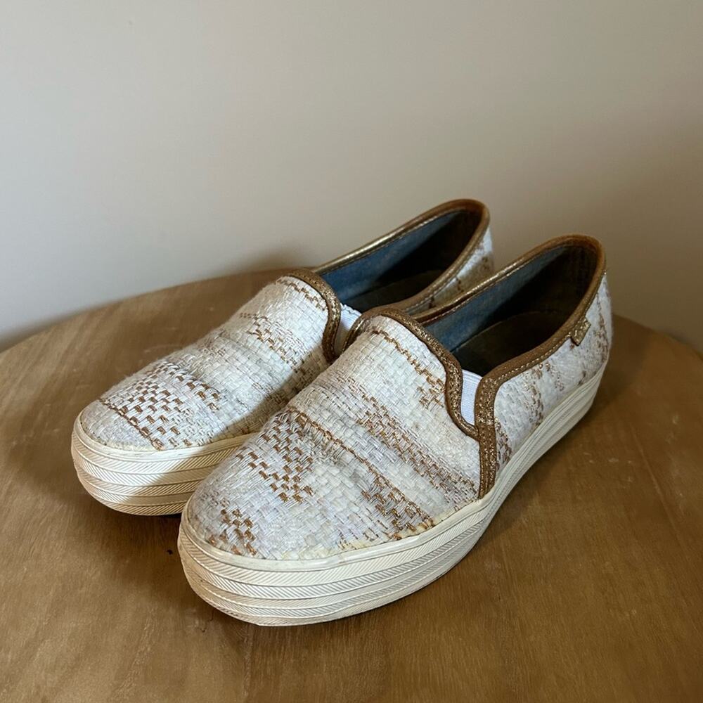 Keds White/Gold Metallic Woven Upper Platform Slip-On Shoes Espadrilles Size 8.5